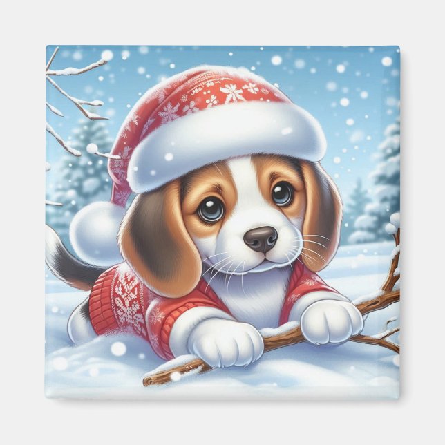 Imã Beagle Puppy em terno de natal apreciando a neve (Frente)