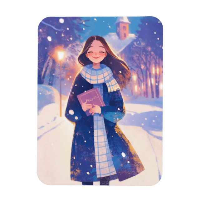 Ímã Beautiful Girl Walking on Winter Street (Vertical)