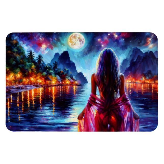 Ímã Beautiful girl watching glowing night water (Horizontal)