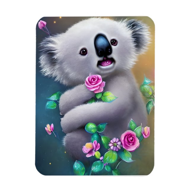 Ímã Bebê Adorável Urso Koala com Flores (Vertical)