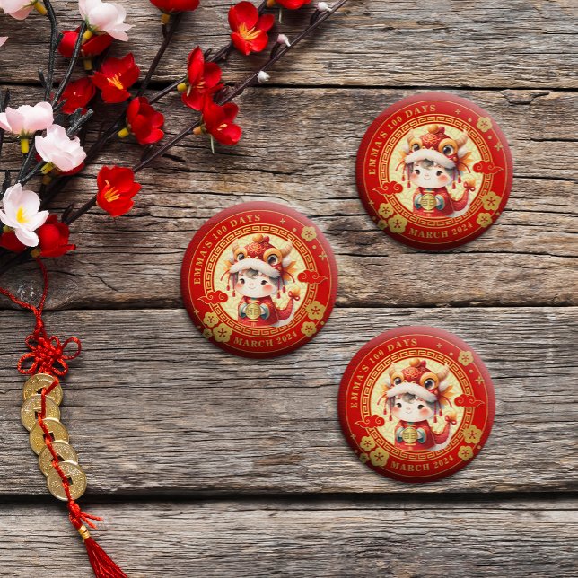 Imã Bebê Chinês Tradicional 100 Dias 百日  (Celebrate tradition with charm! Our round magnets feature vibrant 100 days motifs.)