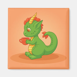 Imã Bebê Dragão Fofo Segurando Xícara em Laranja