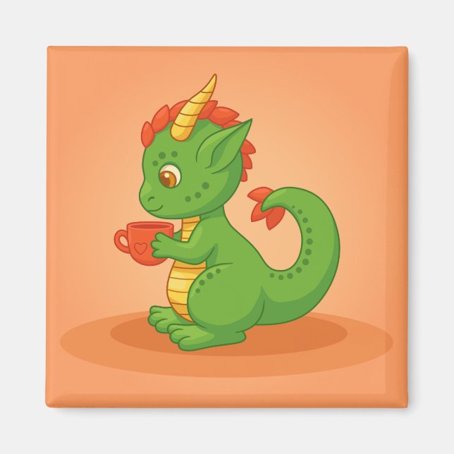 Imã Bebê Dragão Fofo Segurando Xícara em Laranja (Frente)