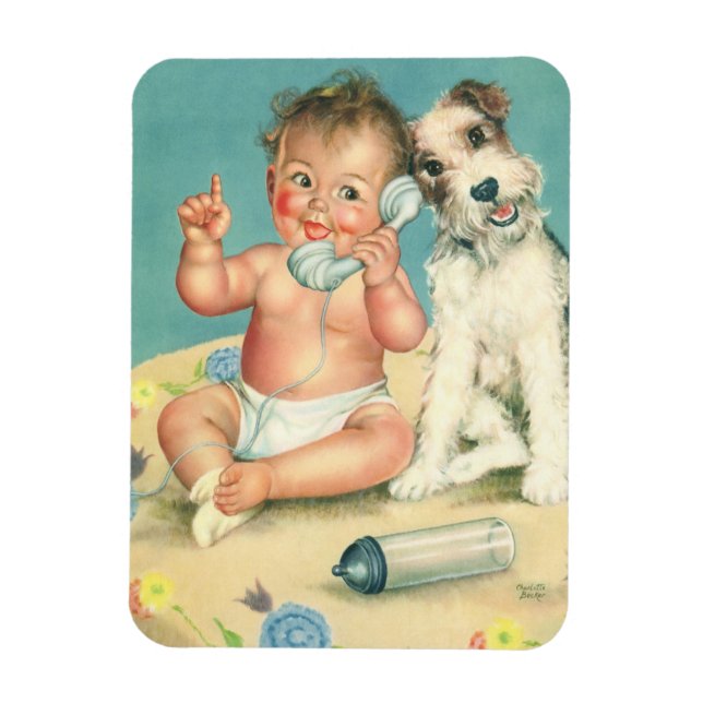Ímã Bebê Fofo Antigo Falando no Telefone Cachorrinho (Vertical)