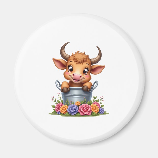 Imã Bebê Fofo Vaca Highland Com flores Bezerro Animal  (Frente)