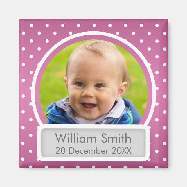 Imã Bebê Foto com Nome e Data Bolinhas Rosa (Frente)