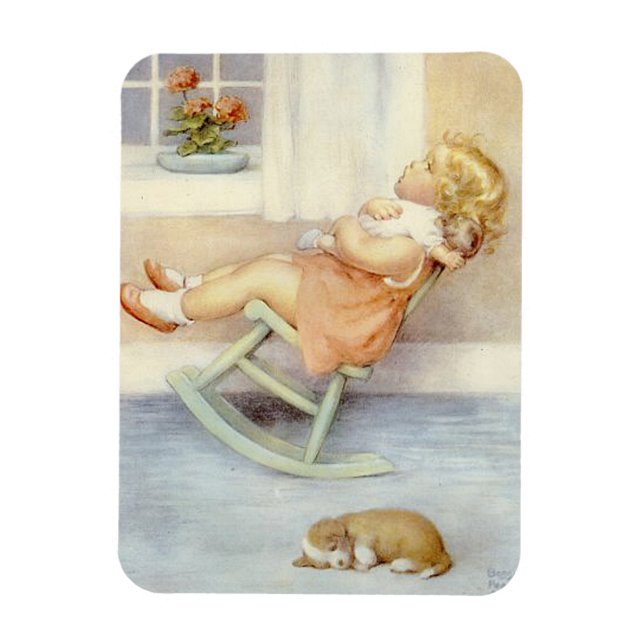 Ímã Bebê Menina Rosa Vestida Fritante Cadeira (Vertical)