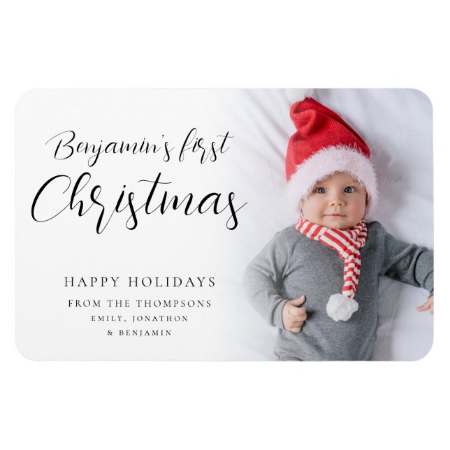 Ímã Bebê Primeiro Natal Foto Caligrafia Personalizada  (Horizontal)