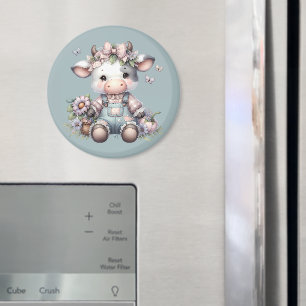 Imã Bebê Vaca Fofo com Macacão e Flores em Tons Pastéi