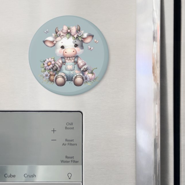 Imã Bebê Vaca Fofo com Macacão e Flores em Tons Pastéi (In Situ (Fridge))