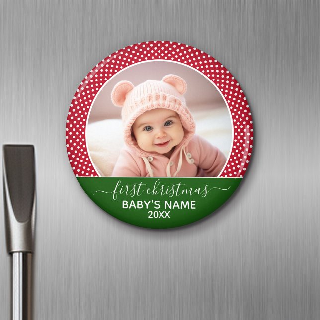 Imã Bebês Primeiro Natal - Bolinhas Vermelhas (Personalized Fridge Magnet - Add Custom Text)