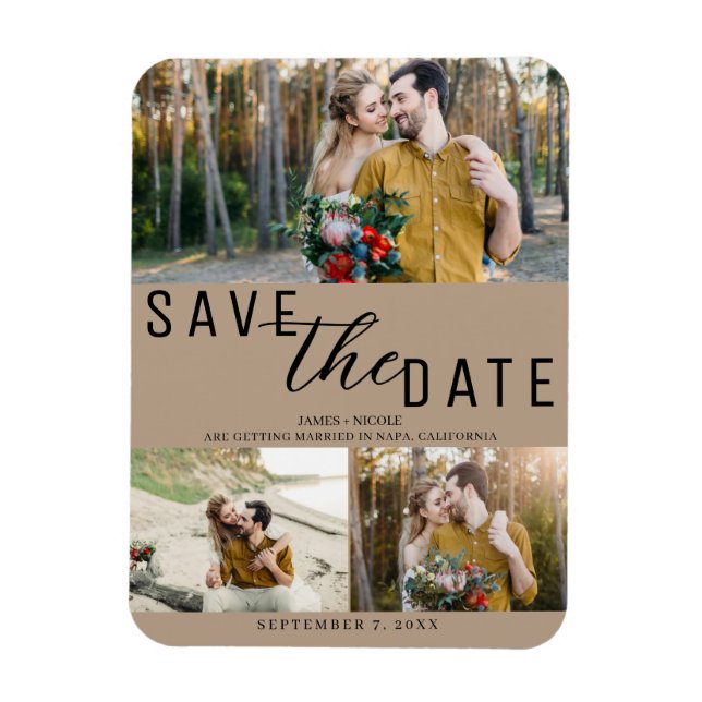 Ímã Bege Salvar a Data Casamento 3 Fotos (Vertical)
