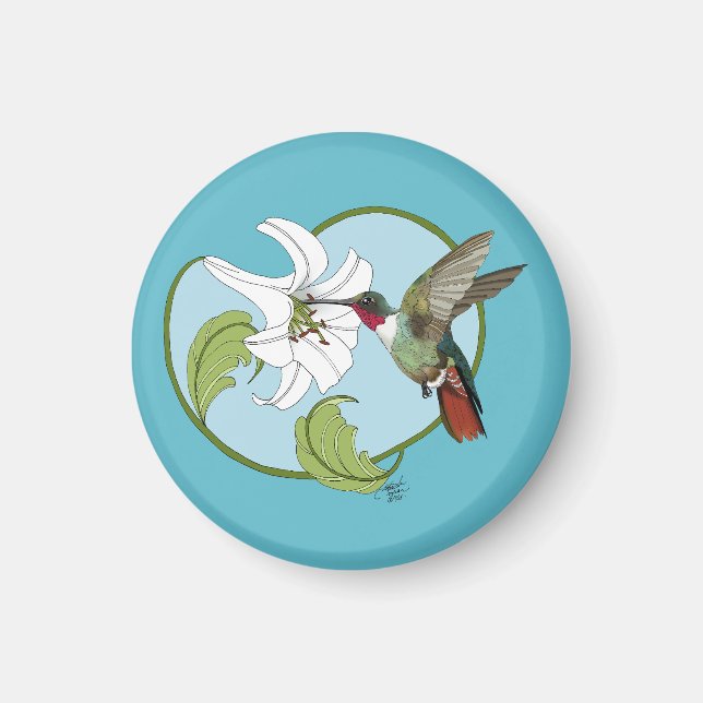 Imã Beija-flor Lírio Azul Arte Nova  (Frente)