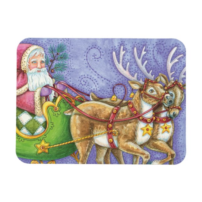 Ímã Bela Cartoon Natal Papai Noel Sleigh Reindeer (Horizontal)