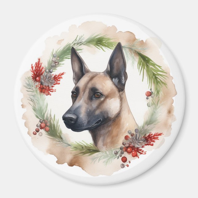 Imã Belga Malinoi Christmas Wreath Festivo Pup (Frente)