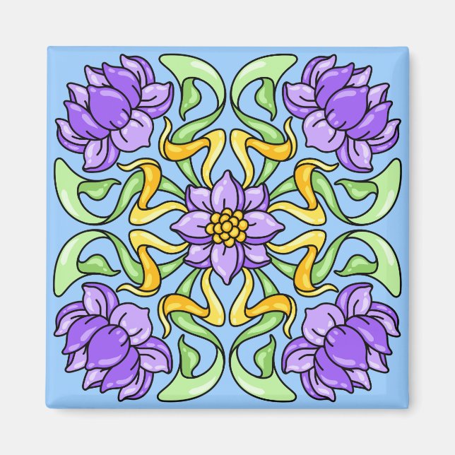 Imã Belo azulejo de Arte Nouveau com flores roxas (Frente)