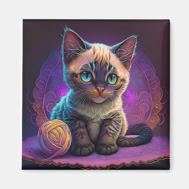 Imã Belo Gatinho Jovem com Bola Yarn (Frente)