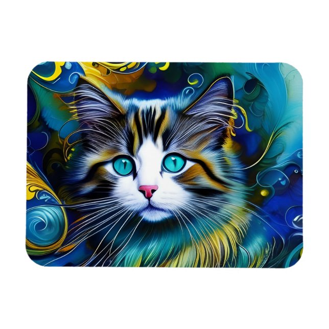Ímã Belo Gato Místico em Azuis e Dourados (Horizontal)