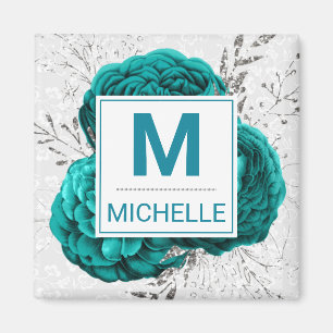 Imã Belo Monograma de Flores de Lata e Lata de Prata