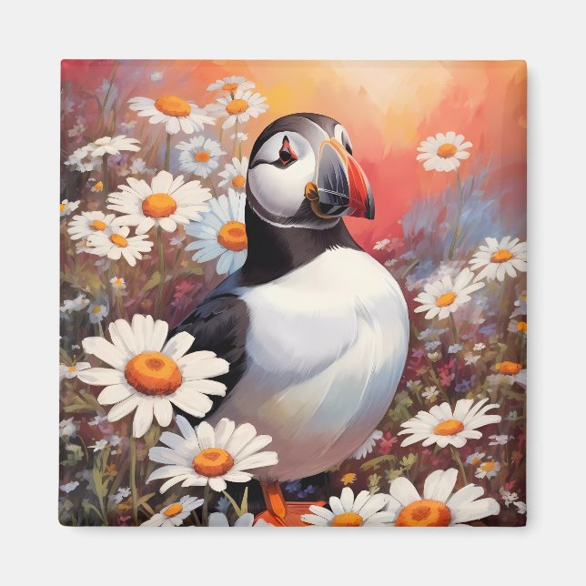 Imã Belo Puffin Em Daisy Field (Frente)