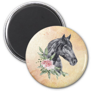 Imã Belo Retrato de Cabeça de Cavalo Negro Aquarela