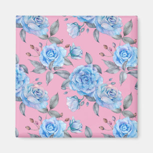 Imã Belos rosas azuis, fundo cor-de-rosa pastel,