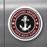 Imã Bem-vindo a bordo do seu nome de barco Anchor Star<br><div class="desc">Um ímã na moda preto, branco e vermelho profundo, com ancoragem de barco náutico personalizada com estrelas sobre o qual você personalizou o texto "Bem-vindo a bordo" e o seu nome de barco ou outro texto desejado. Personalize-os com sua cor de fundo favorita e muito mais. Faz um presente excelente...</div>