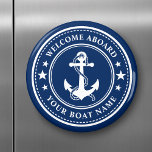 Imã Bem-vindo a bordo Nome do Barco Ancorar Estrelas M<br><div class="desc">Um ímã azul e branco marinho com âncora náutica personalizada com estrelas e o seu texto personalizado "Bem-vindo a Bordo" e o Nome do Barco ou outro texto desejado. Personalize-os com sua cor de fundo favorita e muito mais. Faz um presente excelente para qualquer ocasião.</div>