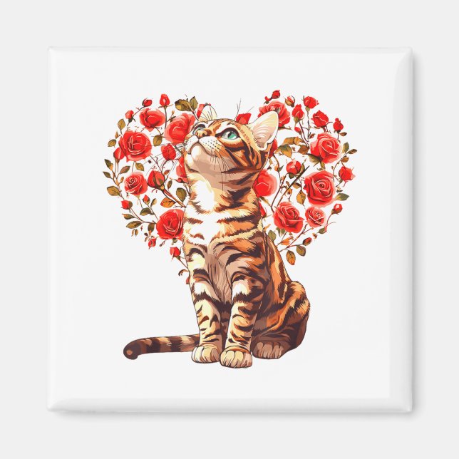 Imã Bengal Cat Valentines Day Floral Heart Design For  (Frente)