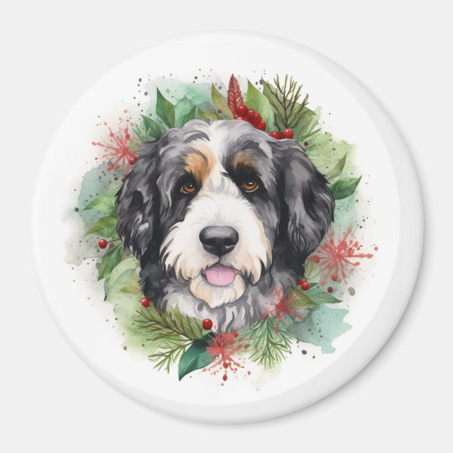 Imã Bernedoodle Christmas Wreath Festivo Pup (Frente)