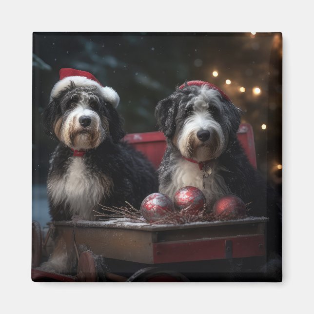 Imã Bernedoodle Snowy Sleigh Decência de Natal (Frente)