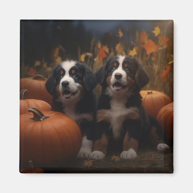 Imã Bernese Mountain Puppy Autumn Delight Pumpkin (Frente)