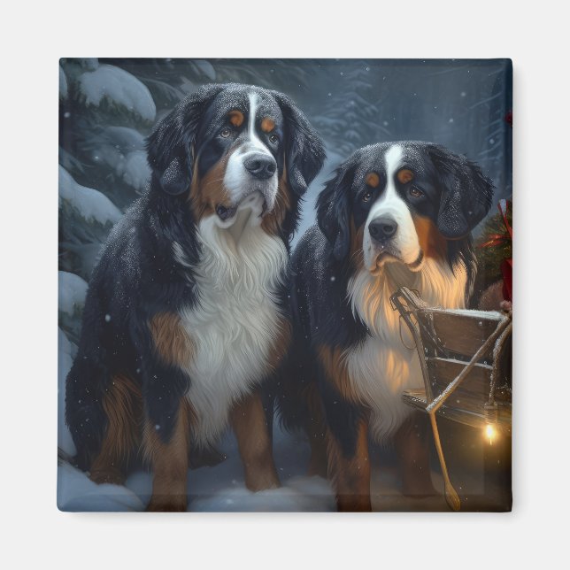 Imã Bernese Mountain Snowy Sleigh Decência de Natal (Frente)