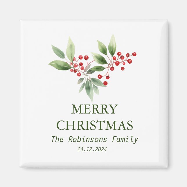 Imã Berry Branch Watercolor de Natal (Frente)