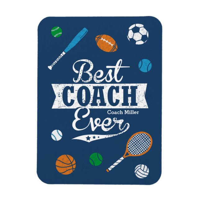 Ímã Best Coach Ever com nome e equipamento desportivo (Vertical)