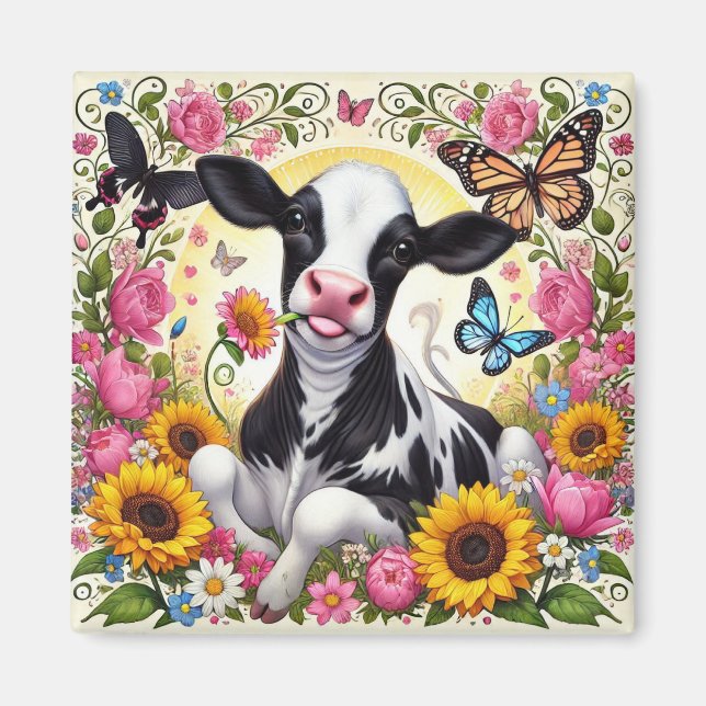 Imã Bezerro em um Vibrante Mundo Floral e de Borboleta (Frente)