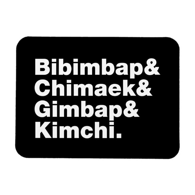 Ímã Bibimbap & Chimaek & Gimbap & Kimchi. Comidas core (Horizontal)