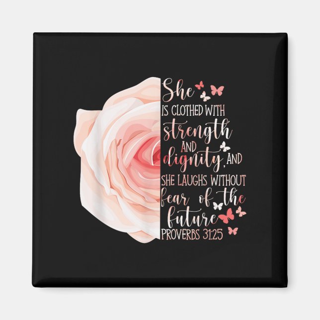 Imã Bíblia Cristã Verse Proverbs 31_25 Flor Rosa (Frente)