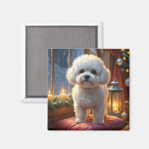 Imã Bichon Frise Com Luzes de Natal Feriado
