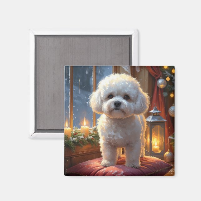 Imã Bichon Frise Com Luzes de Natal Feriado (Front/Back)
