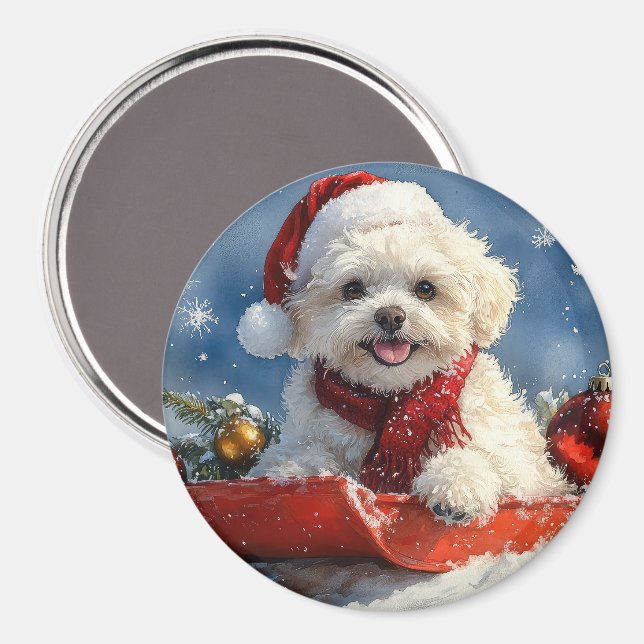 Imã Bichon Frise Dog Sledge Deixe-o nevar no Natal (Front/Back)