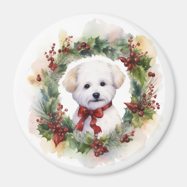 Imã Bichon Frise Wreath Festivo Pup (Frente)