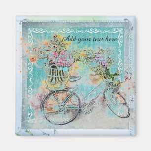 Imã Bicicleta com cestos de flores em burlap azuis