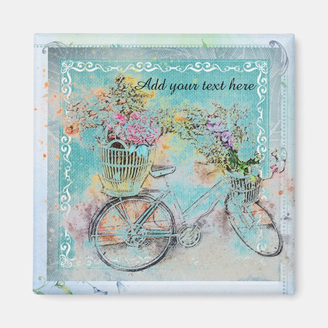 Imã Bicicleta com cestos de flores em burlap azul (Frente)
