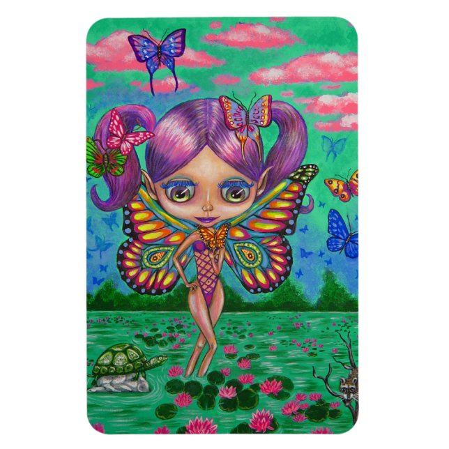 Ímã Big Eye Butterfly Fairy Purple Hair Turtle Raccoon (Vertical)