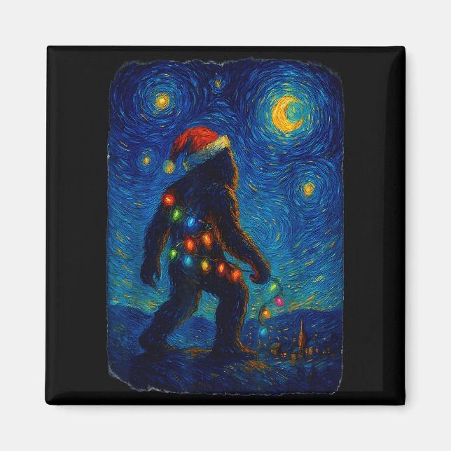 Imã Bigfoot Christmas Sasquatch Santa Hat Starry Night (Frente)