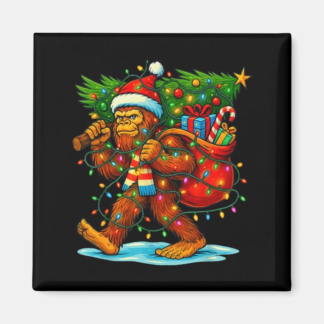 Imã Bigfoot Christmas Tree Xmas Sasquatch Funny Lights (Frente)