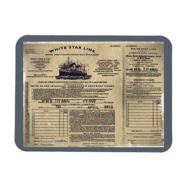 Ímã Bilhete RMS Titanic 1912 (Horizontal)