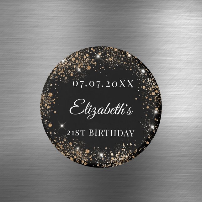 Imã Birthday black gold glitter name date (Criador carregado)