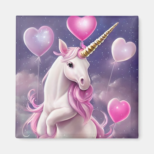 Imã Birthday Girl Fantasy Unicorn com Balões Rosa (Frente)